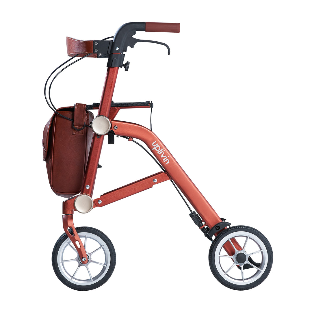 A red 'Uplivin Trive' walking frame with a bag on a white background.