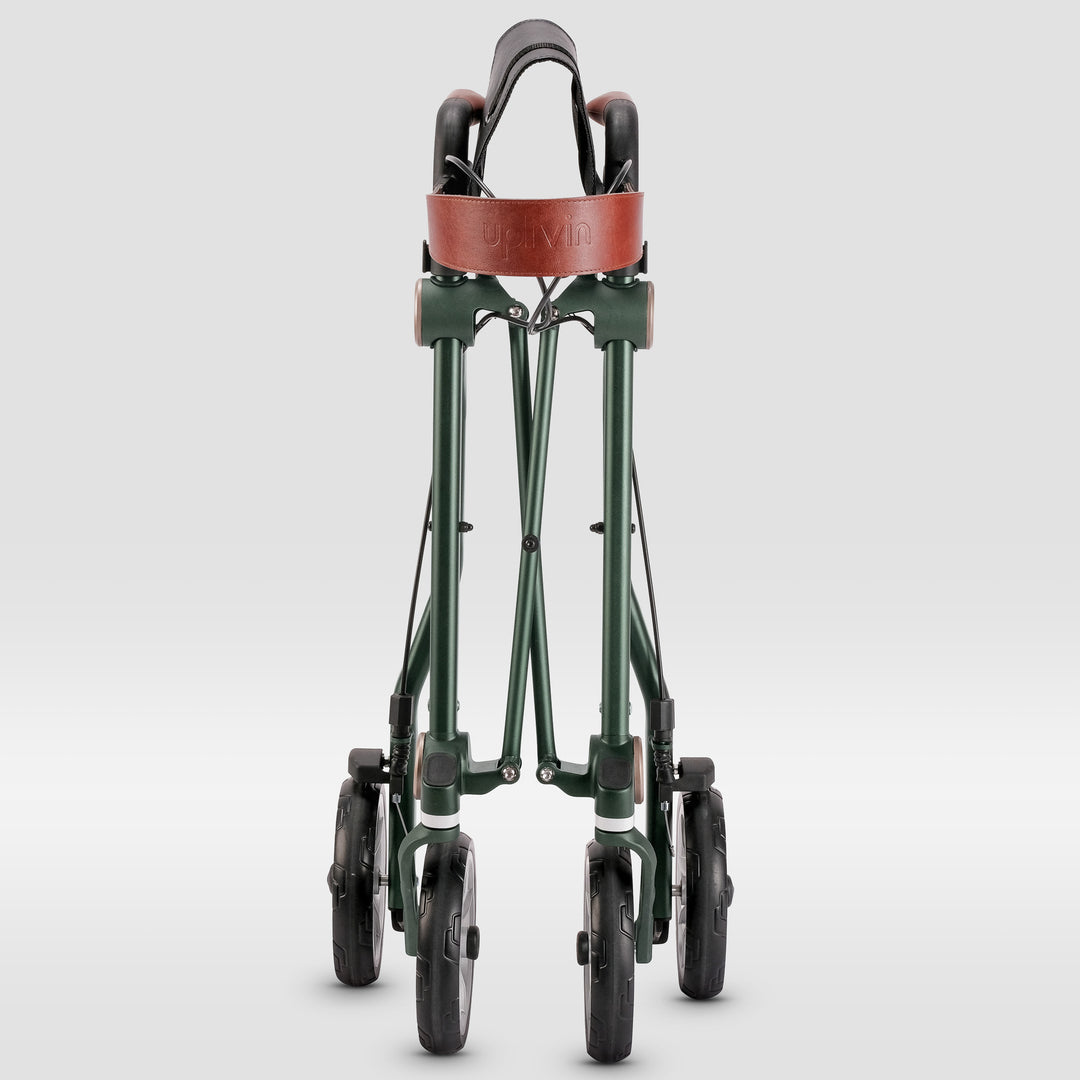 A green 'Uplivin Trive' rollator walking frame that is folded and on a white background.