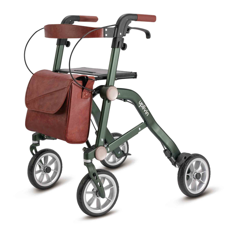 A green 'Uplivin Trive' rollator walking frame with a bag, on a white background.