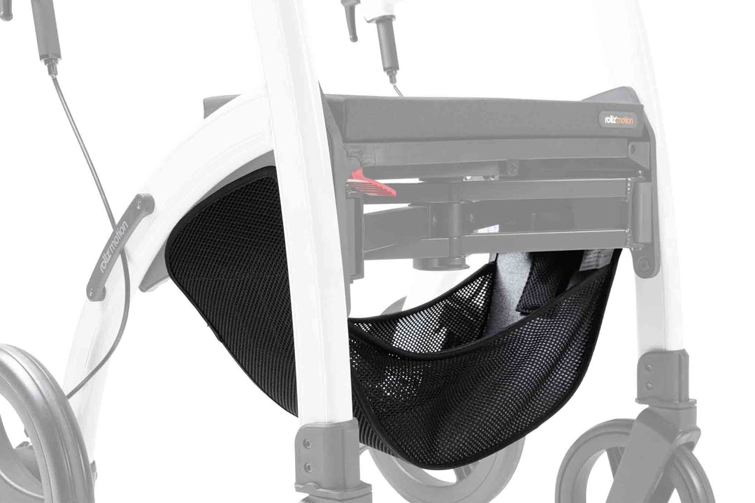 A close up of the seat basket that attaches to a 'Rollz Motion' walking frame on a white background
