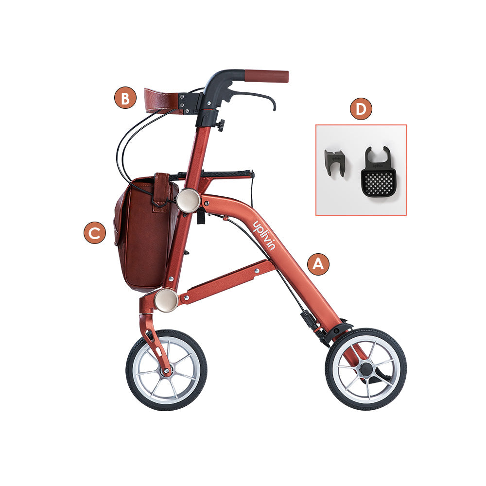 Orange rollator called the 'Uplivin Trive' on a white background