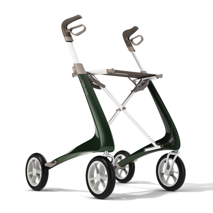 The green 'byACRE Carbon Ultralight' walking frame on a white background